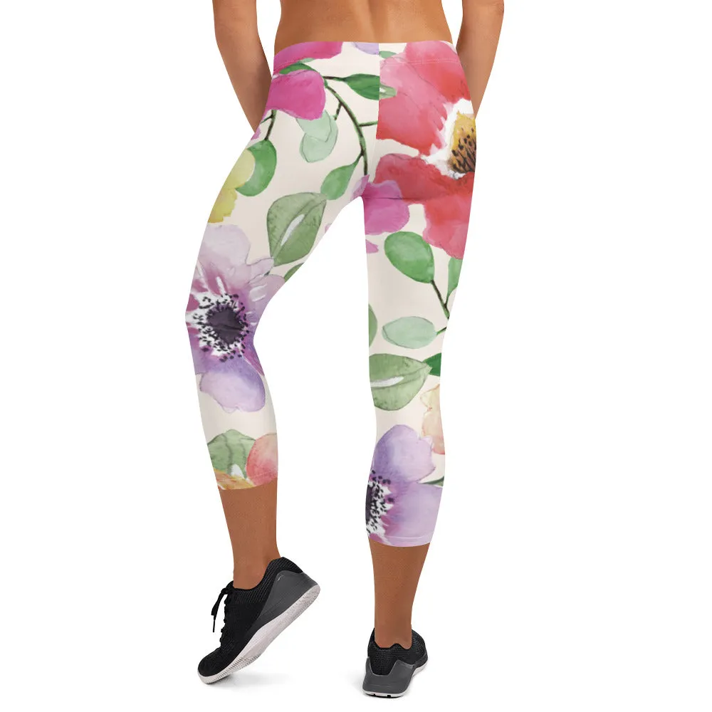Pink Floral Best Capri Leggings, Flower Print Designer Premium Quality Women's Capris Tights- Made in USA/EU/MX