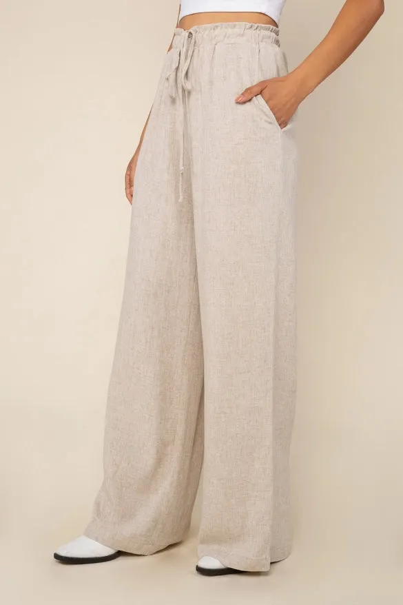 Wide Leg Rayon Linen Pant w/ Ruffle Waistband - Natural
